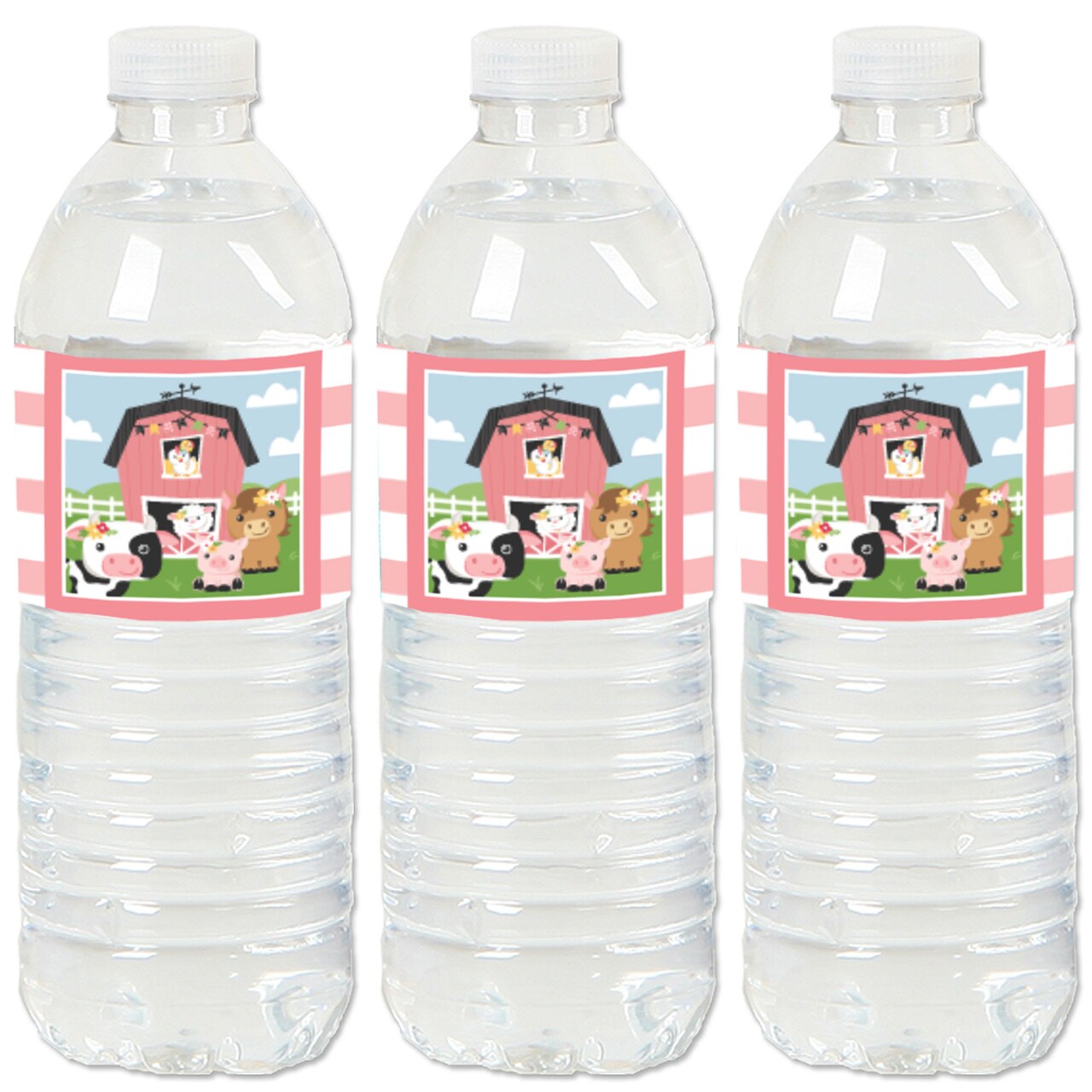 Big Dot of Happiness Girl Farm Animals - Pink Barnyard Baby Shower or Birthday Party Water Bottle Sticker Labels - Set of 20